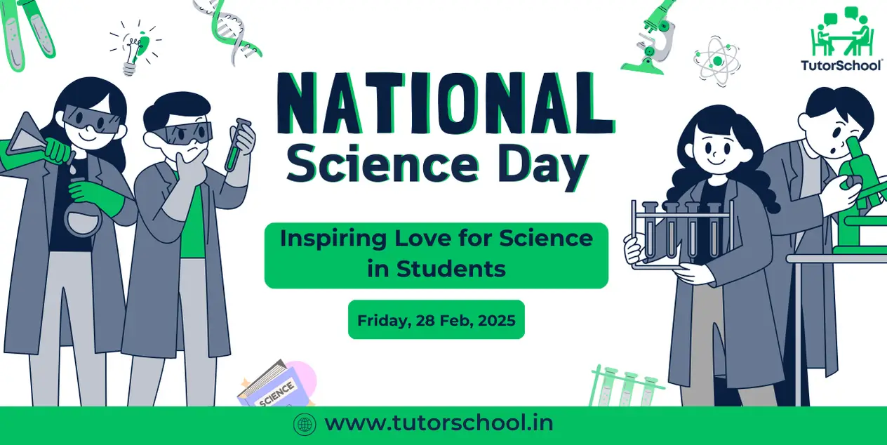 National Science Day banner with students conducting experiments.